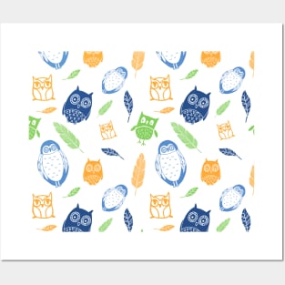 Orange Lime Blue White Owl Pattern Posters and Art